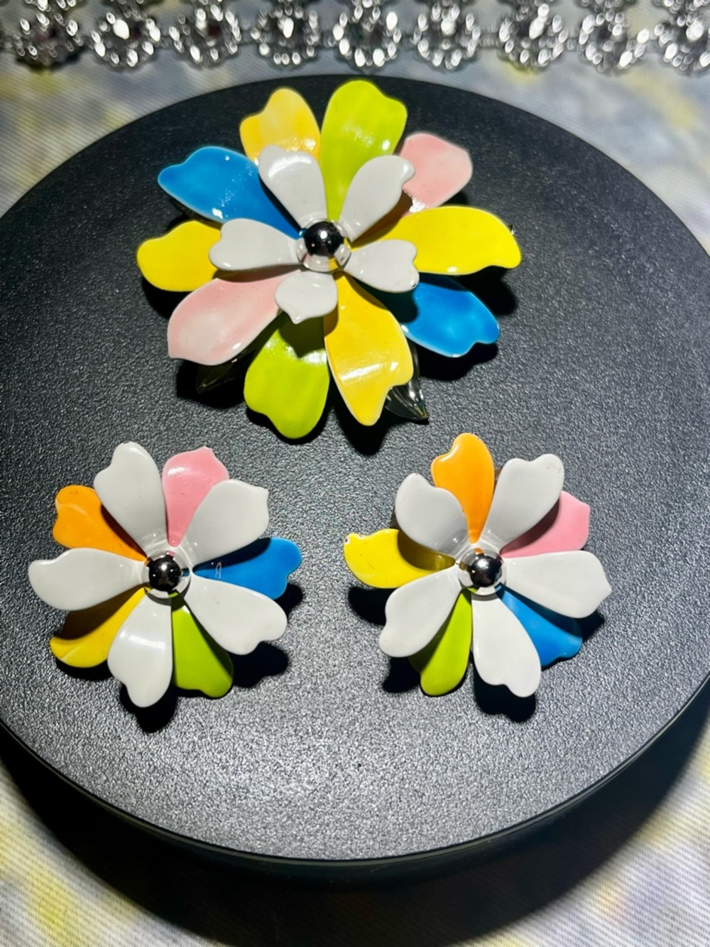 Signed Sarah Cov. Pastel Enamel Flower Brooch and ClipEarring